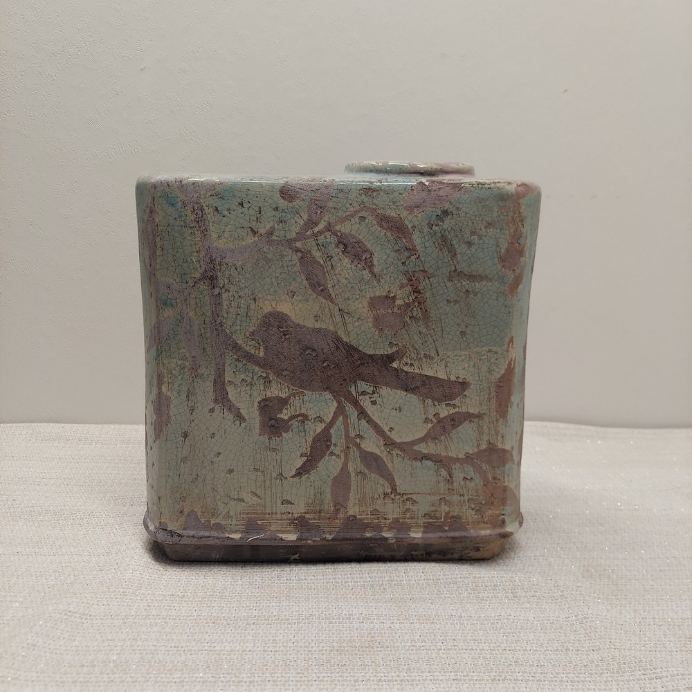 Uttermost Bird on Branch Ceramic Vase Rectangular Teal Brown Crackle Glaze 10in
